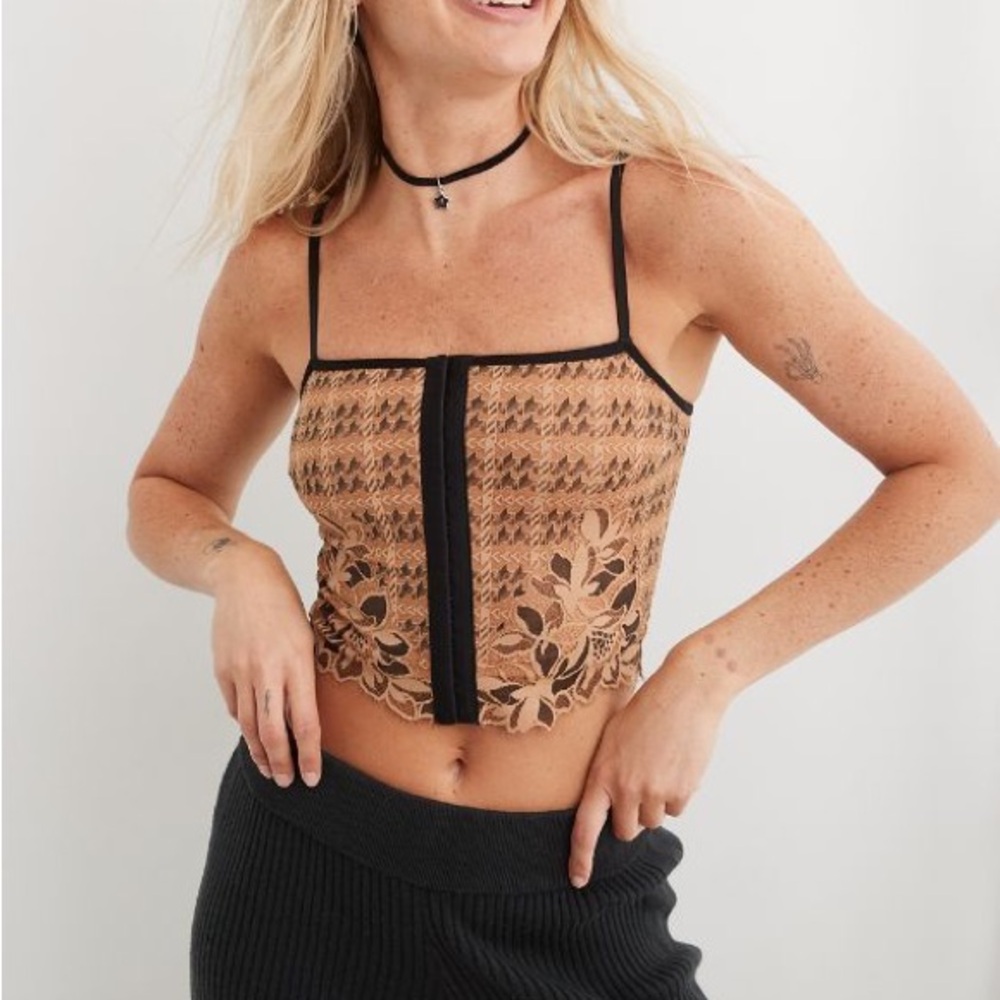 Aerie Tan Black Lace Corset Bra Top